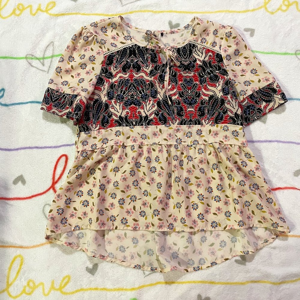 Cream White Floral Tunic Blouse Top Shirt Girls sz 10 /12
